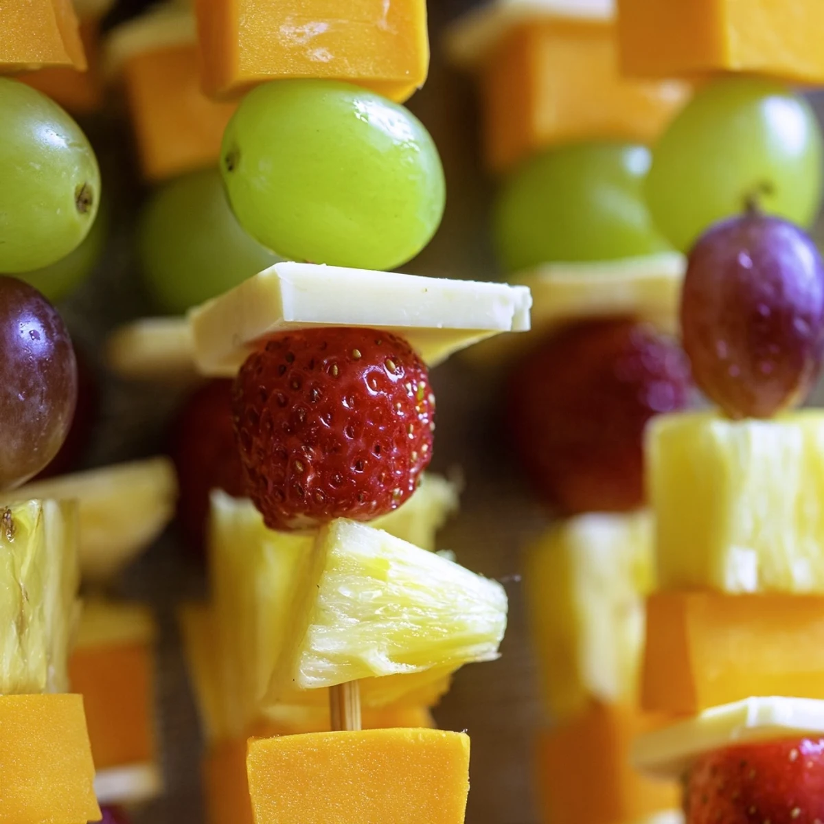 Fresh fruit and cheese kabobs featuring alternating red grapes, pineapple chunks, and creamy Monterey Jack squares