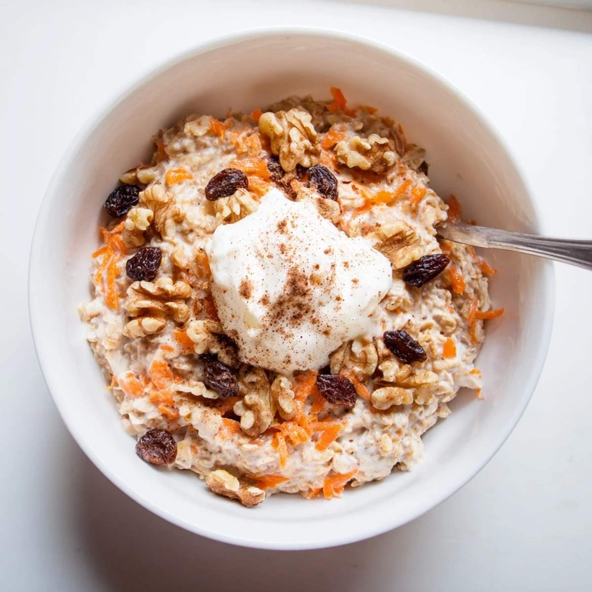 Carrot cake overnight oats with visible grated carrots, raisins, and a generous nut topping served chilled