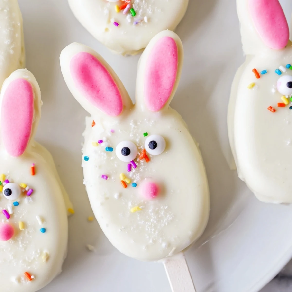 Adorable white chocolate bunny cakesicles with candy eyes and pink ears on a festive tray