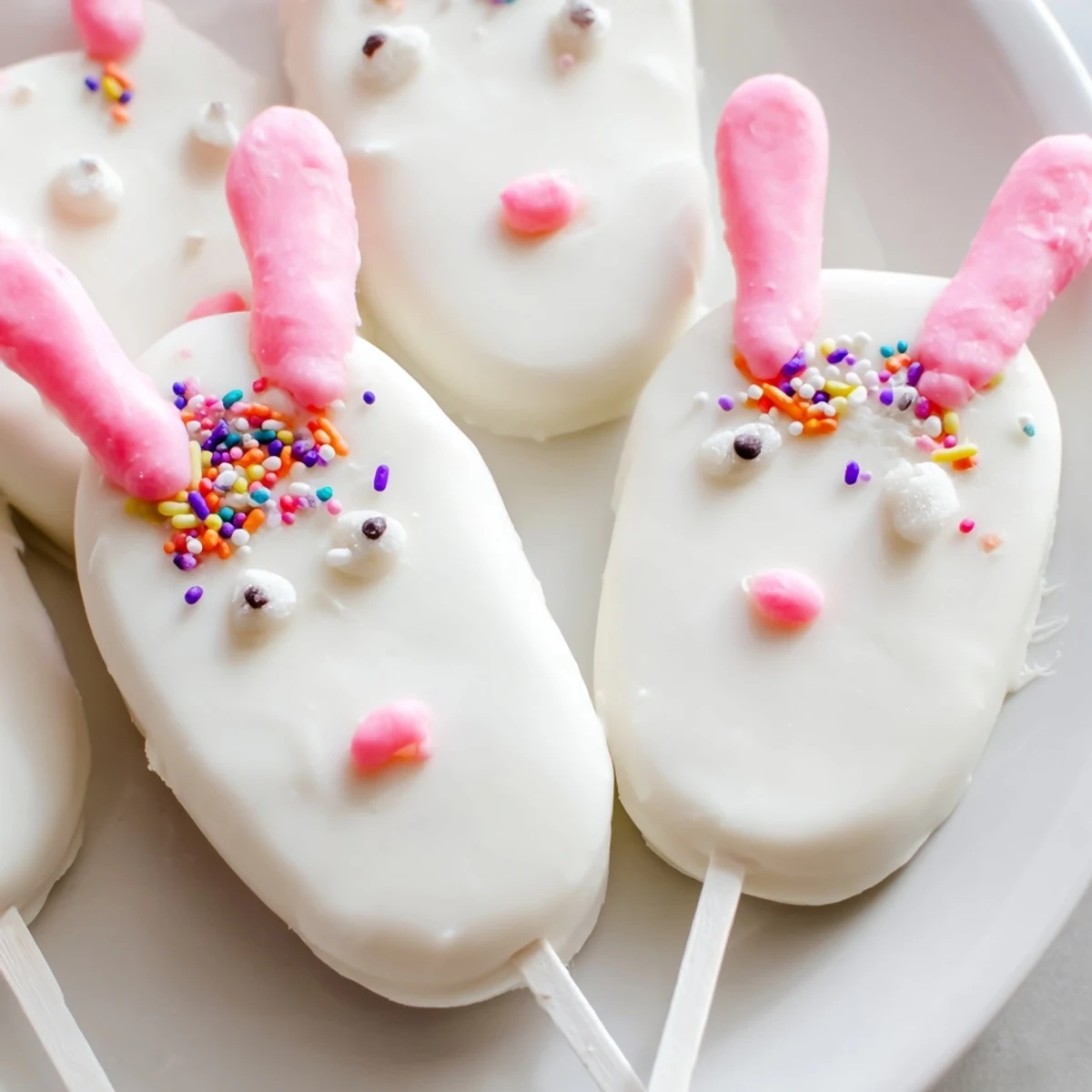 Creamy white chocolate bunny cakesicles decorated with sprinkles for a sweet Easter celebration