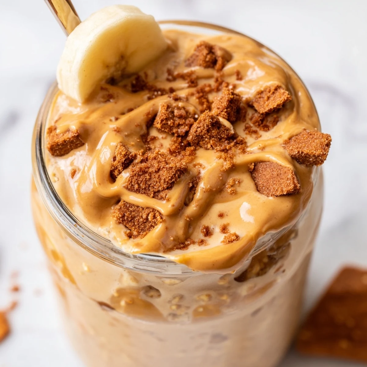Creamy Biscoff overnight oats topped with crushed cookies and caramel drizzle in glass jar