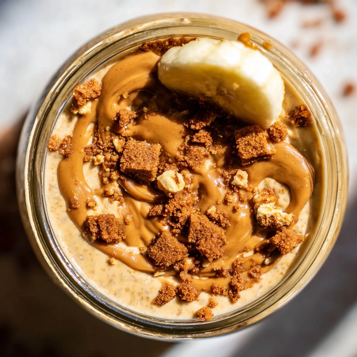 Biscoff overnight oats swirled with cookie butter and topped with crunchy biscuit pieces