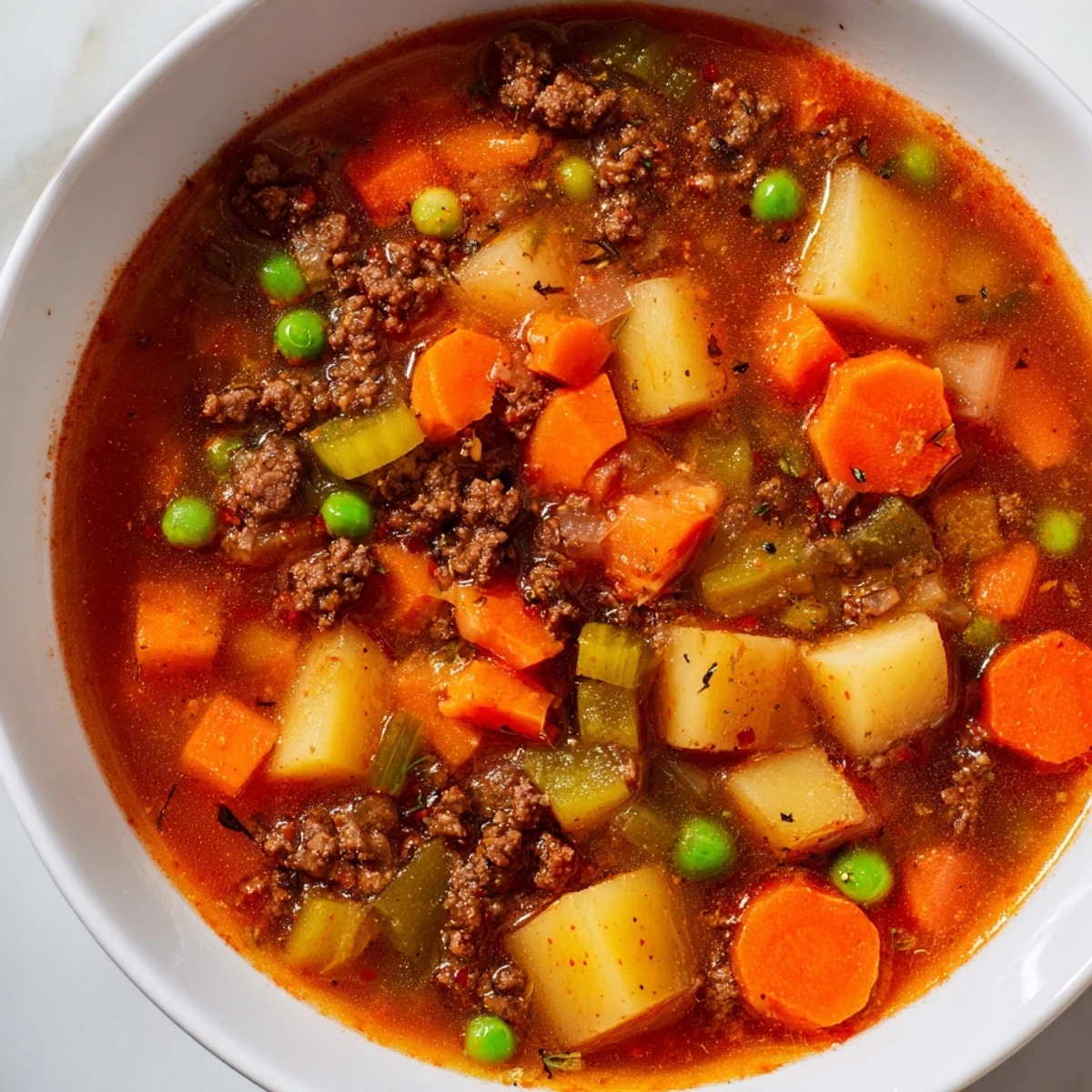 Steaming bowl of ground beef and potato soup with tender chunks and savory broth