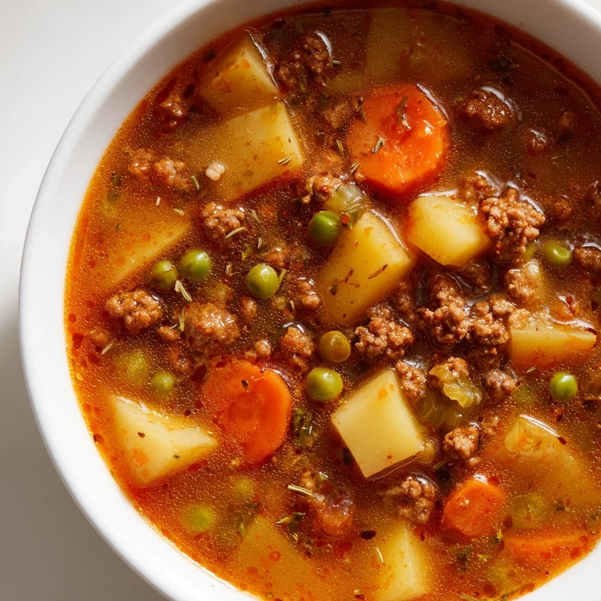 Hearty ground beef and potato soup served in a rustic white ceramic bowl