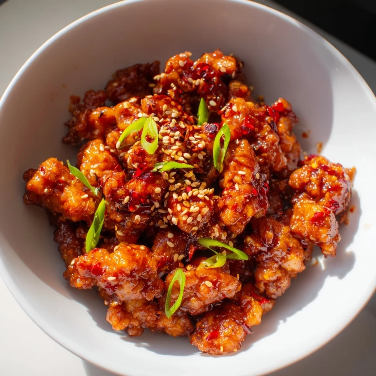 Firecracker Ground Chicken Bowls with colorful crisp vegetables drizzled in spicy sweet sauce
