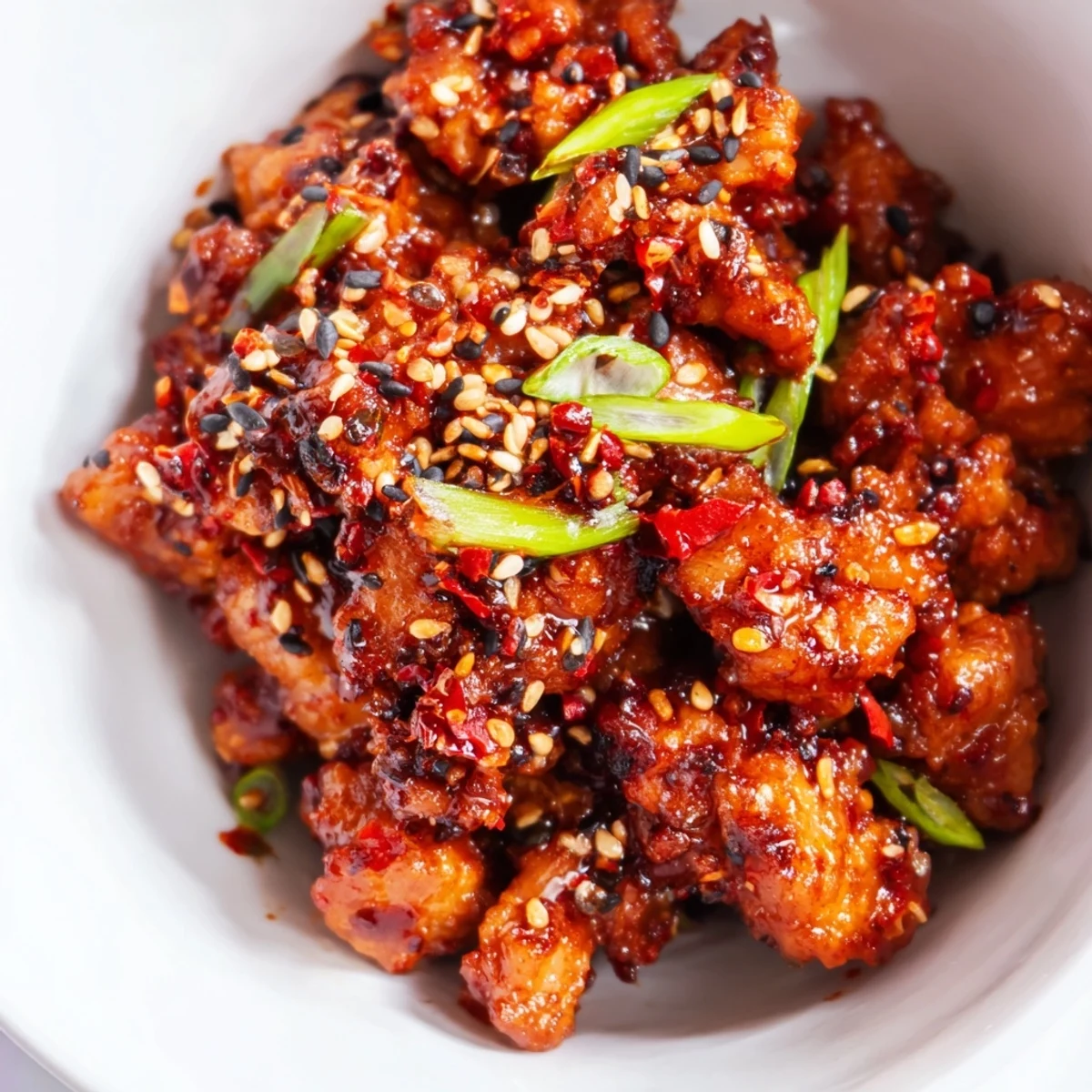 Spicy firecracker ground chicken served over fluffy rice with fresh crunchy rainbow vegetables