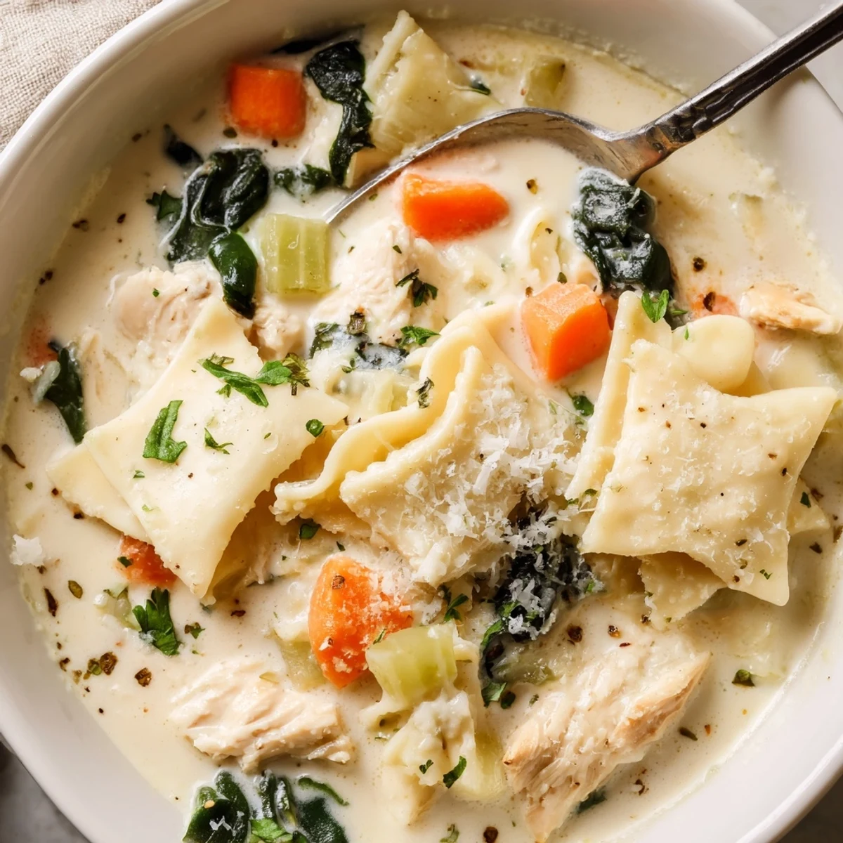 Creamy Italian white lasagna soup in a rustic bowl with melted cheese and tender noodles