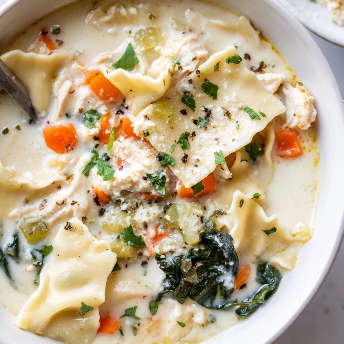 Steaming bowl of Italian white lasagna soup topped with fresh parsley and Parmesan