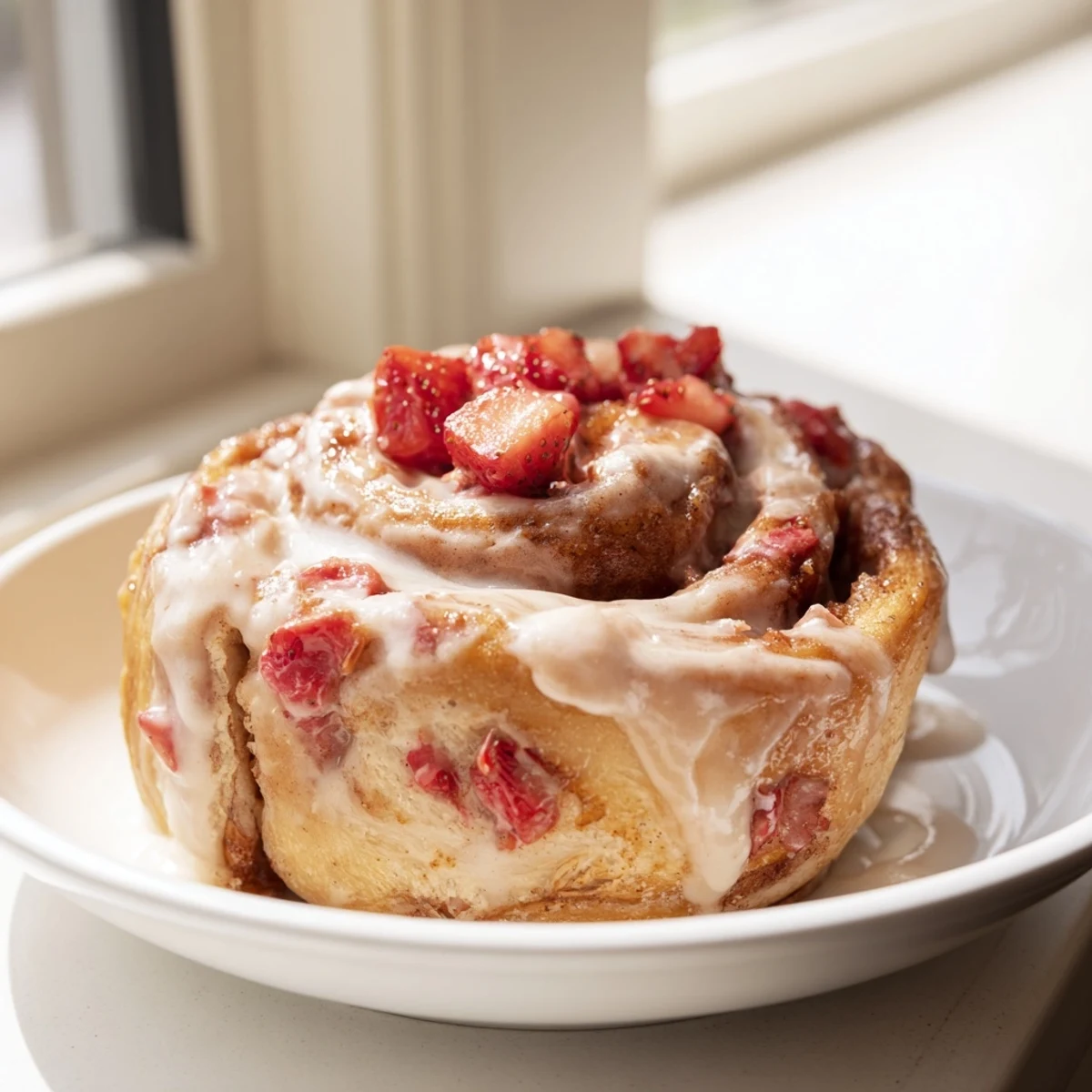 Golden strawberry cinnamon rolls drizzled with cream cheese glaze on a white plate