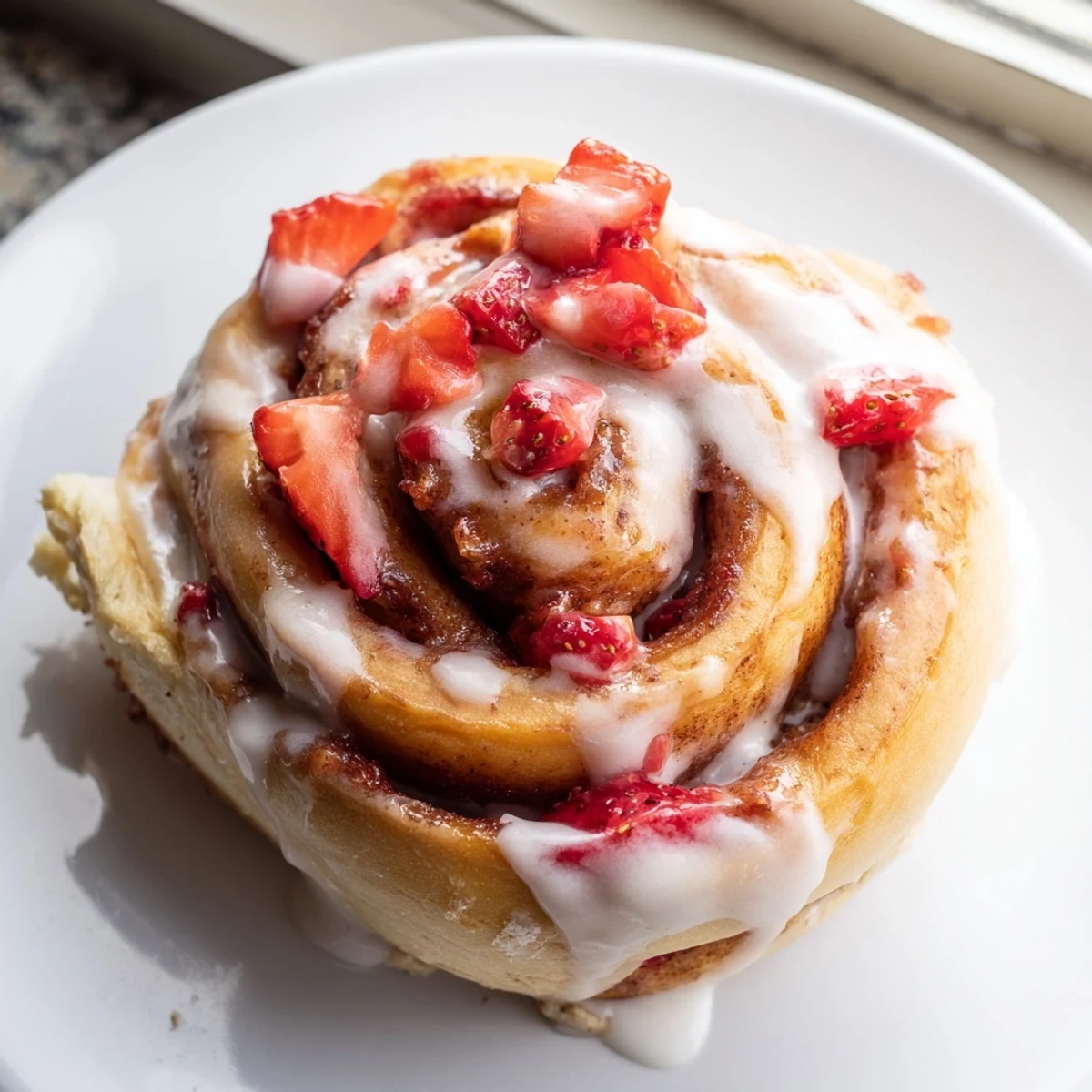 Soft strawberry cinnamon rolls with bubbling fruit filling fresh from the oven