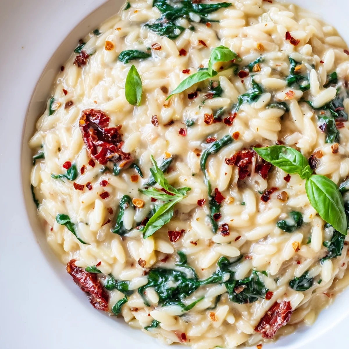 Creamy Tuscan orzo in a skillet with sun-dried tomatoes, spinach, and melted Parmesan