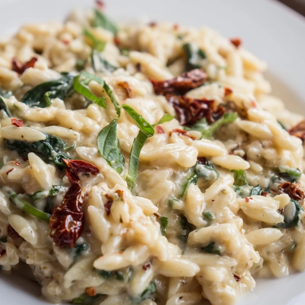 A bowl of Creamy Tuscan orzo topped with fresh basil and extra cheese