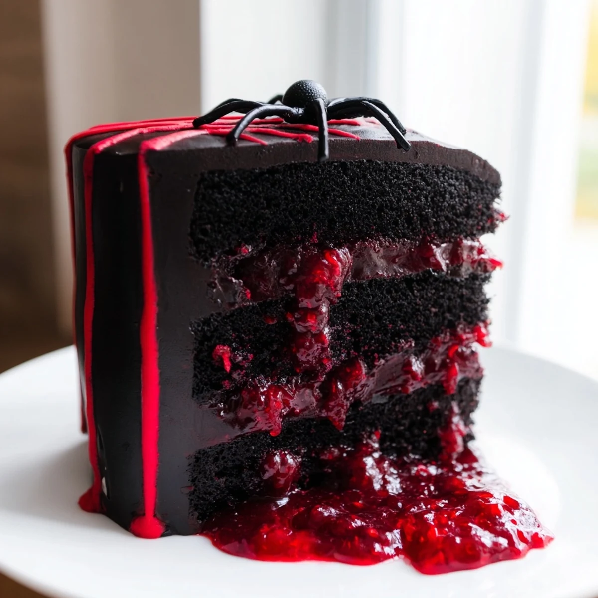 Spooky Black Widow Cake decorated with red vein patterns and glossy dark cocoa ganache