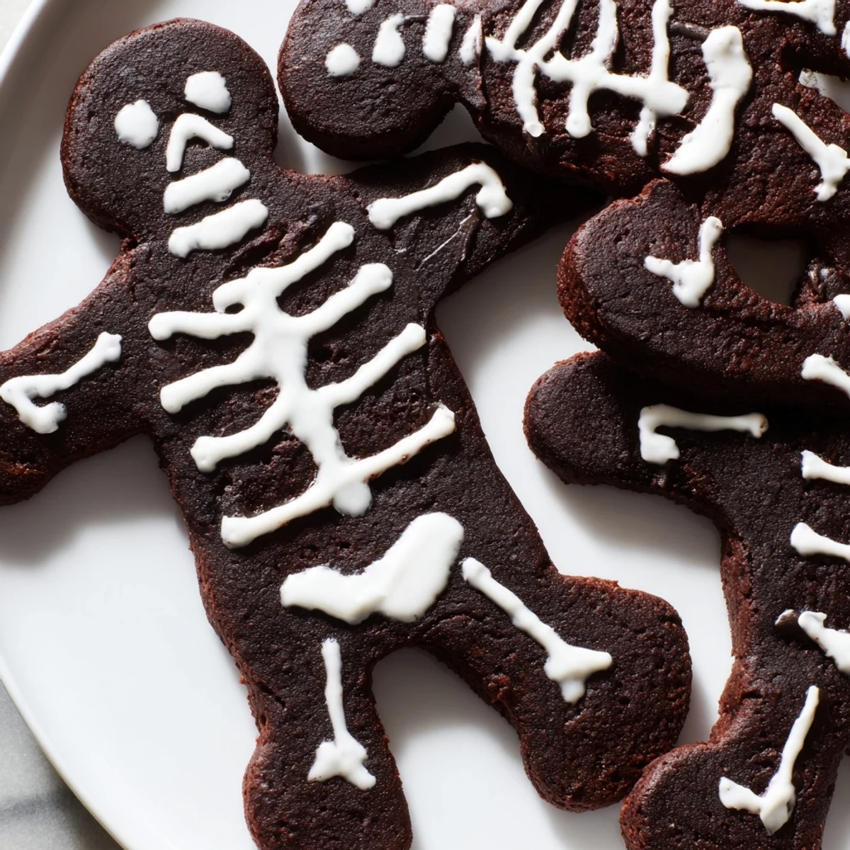 Chocolate Cinnamon Skeleton Cookies with white icing bones on a parchment-lined baking sheet