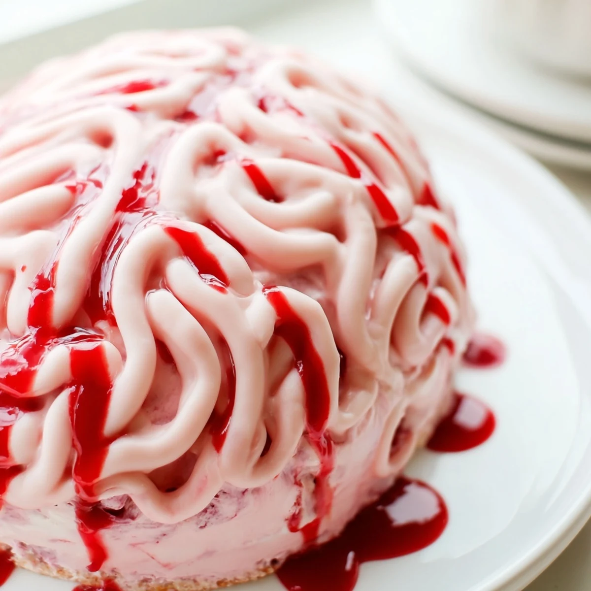 Creepy no bake strawberry cheesecake brain with drizzled red berry sauce on a spooky Halloween dessert platter