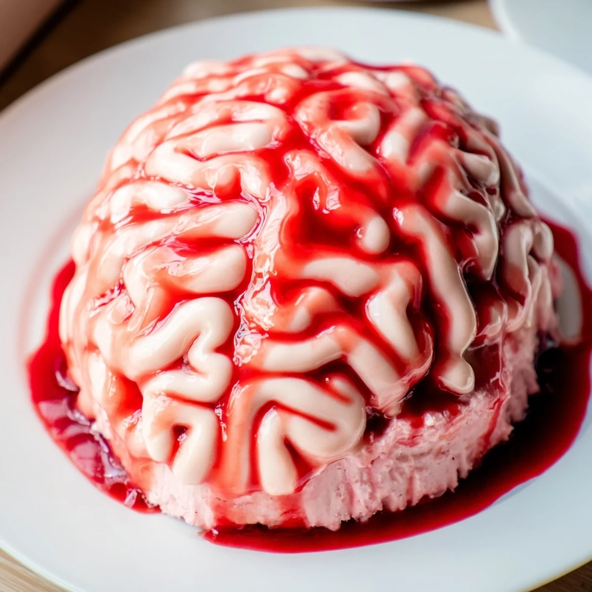 Pink frosted no bake strawberry cheesecake brain shaped mold with graham cracker crust and chocolate squiggles