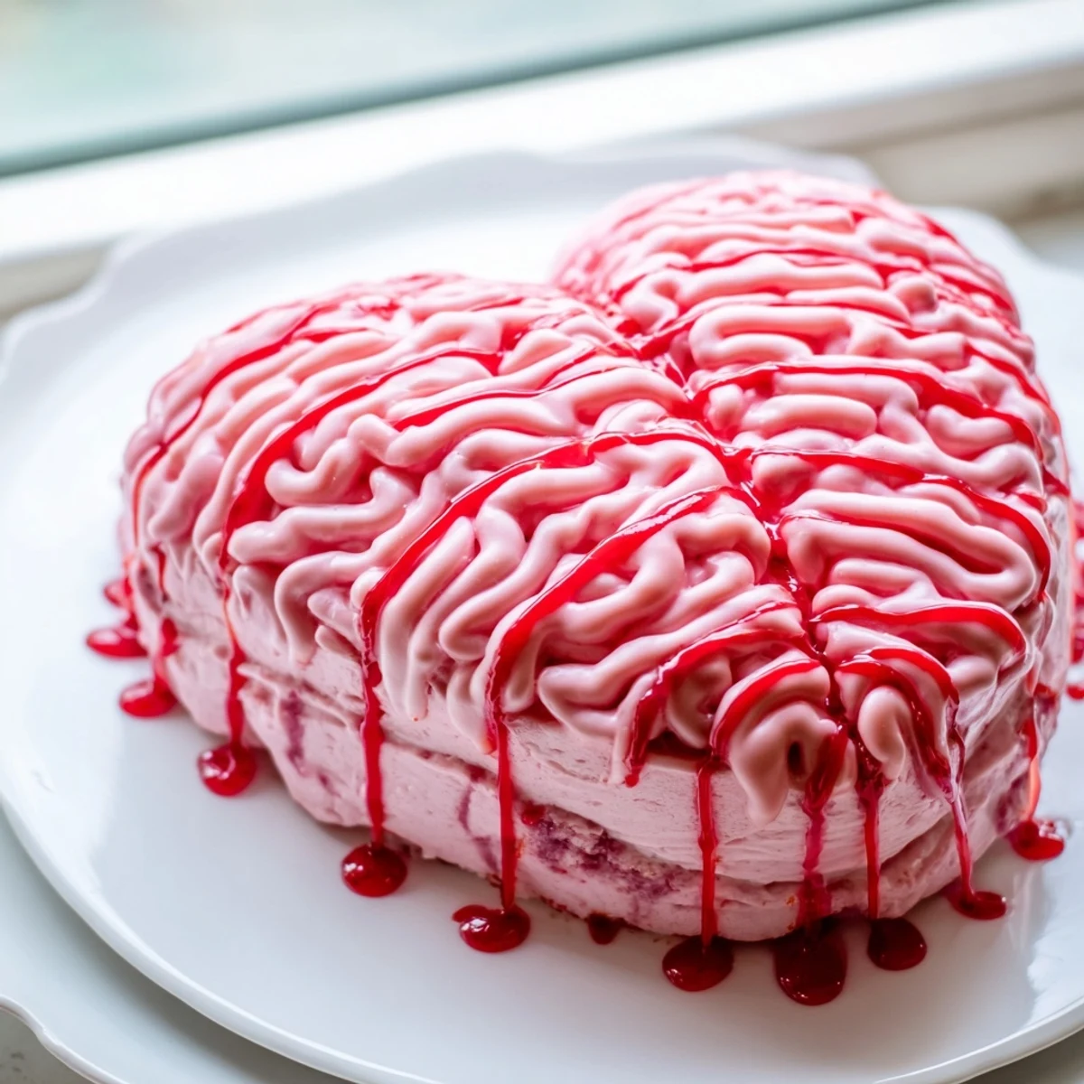 Chilled no bake strawberry cheesecake brain sliced to reveal creamy strawberry filling and cookie crust layers