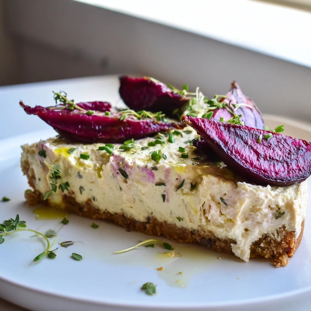 Savoury cheesecake topped with caramelized beetroot wedges drizzled with olive oil on a golden crust