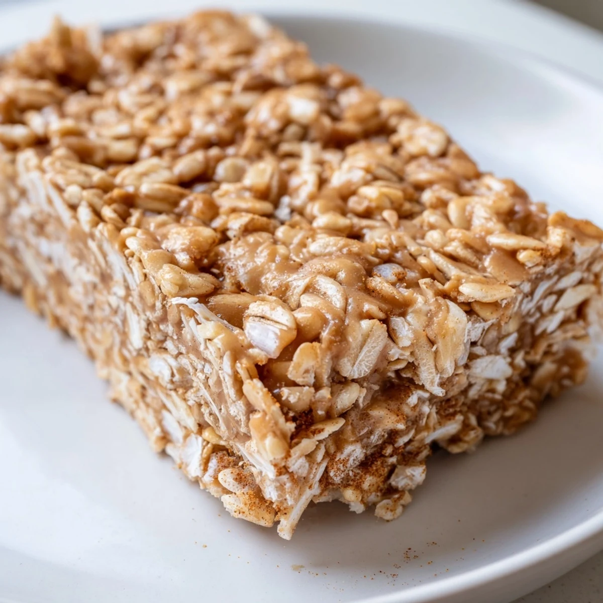 Chewy no bake apple peanut butter granola bars topped with visible apple pieces on a rustic cutting board