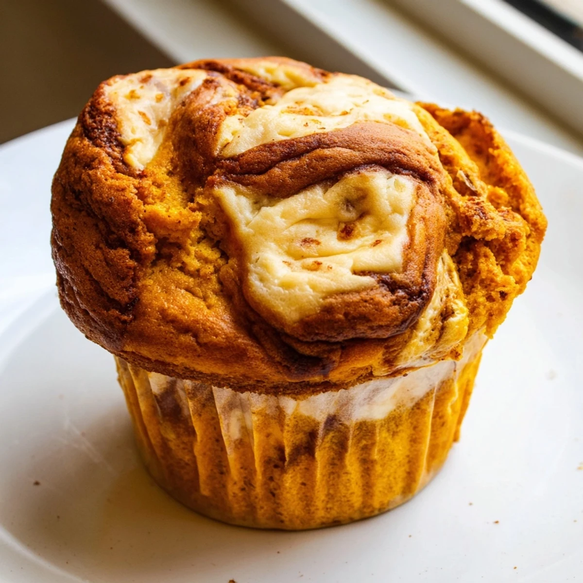 Golden chai pumpkin cheesecake muffins with swirled spiced cream cheese filling on rustic parchment paper