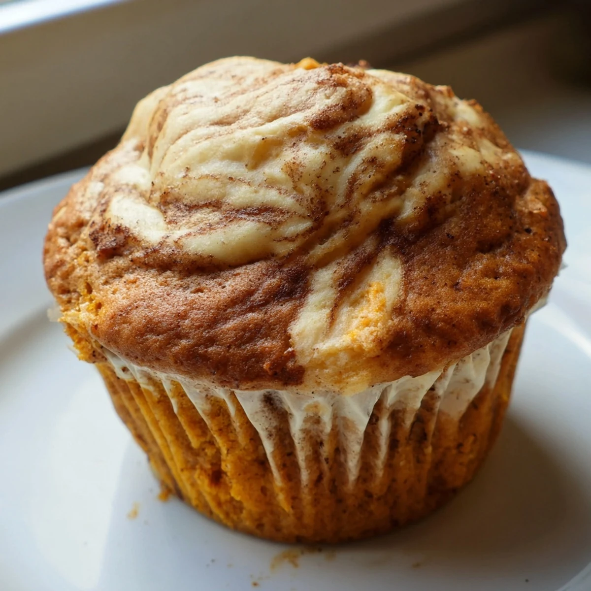 Warm chai pumpkin cheesecake muffins fresh from the oven with gooey cinnamon swirl tops