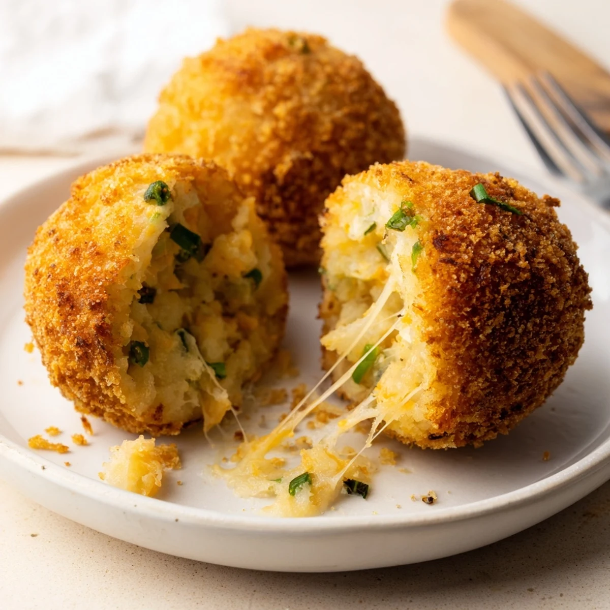 Golden, crispy Fried Mashed Potato Balls resting on paper towels, steam rising
