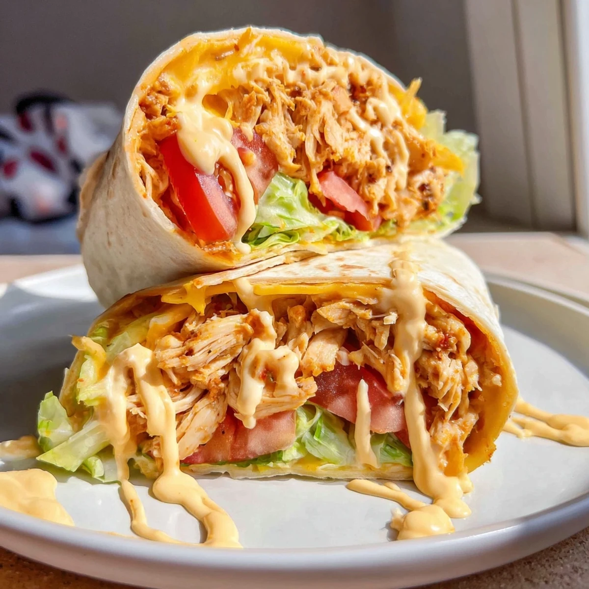 Warm Cheesy Garlic Wraps sliced in half, crisp tortilla and juicy chicken  