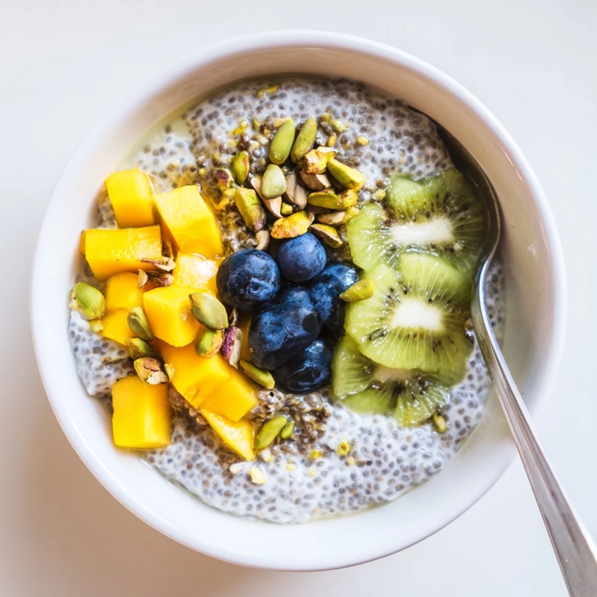 Creamy Coconut Chia Pudding topped with mango slices and toasted coconut flakes