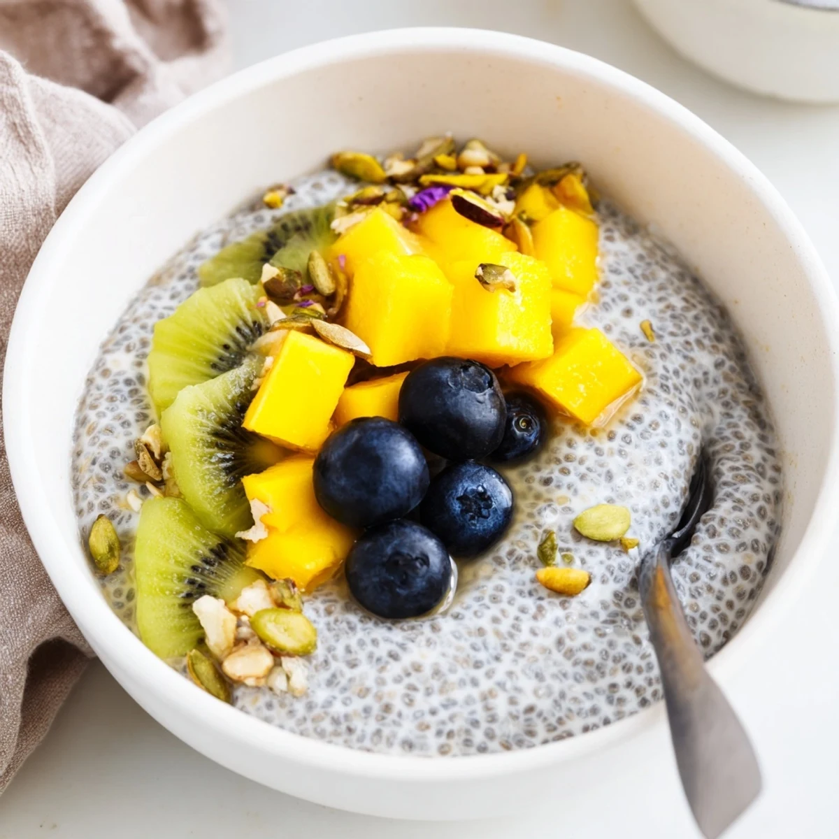 Velvety Coconut Chia Pudding served for breakfast with kiwi and crunchy almonds