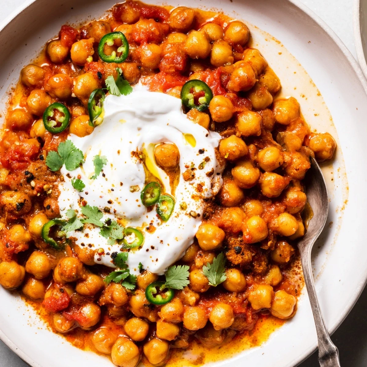 Stovetop pan of Greek Yogurt Chickpea Curry bubbling with warm spices.