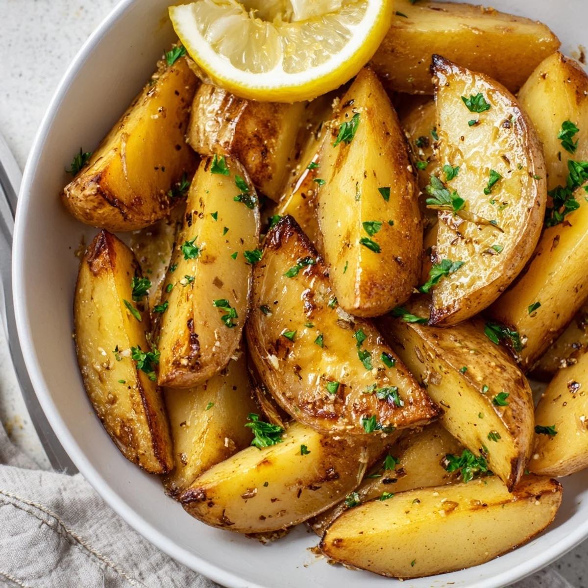 Oven-roasted Authentic Greek Lemon Potatoes Recipe garnished with parsley, steaming and tangy