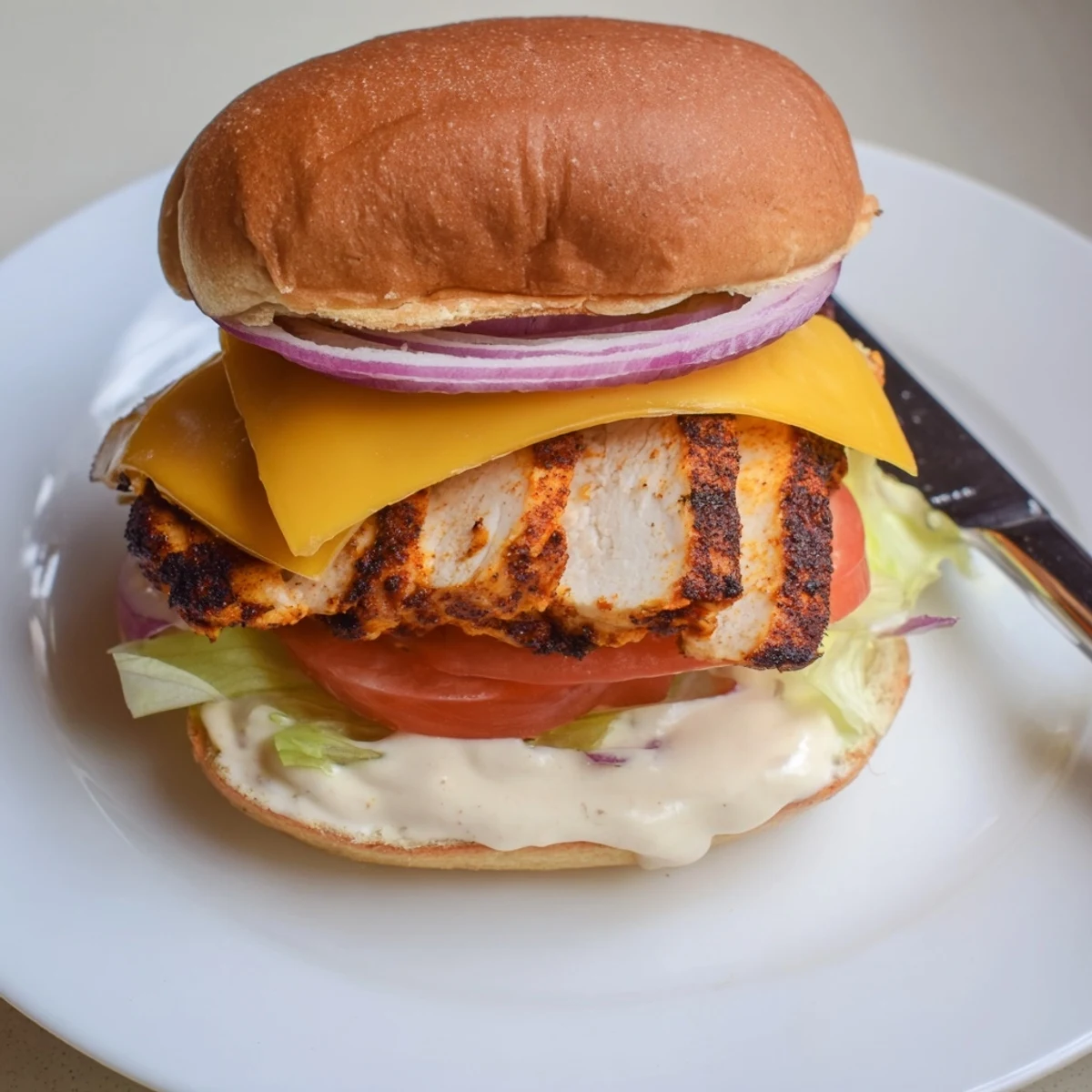 Spicy Chicken Sandwich With Creamy Sauce on toasted bun with melty cheddar