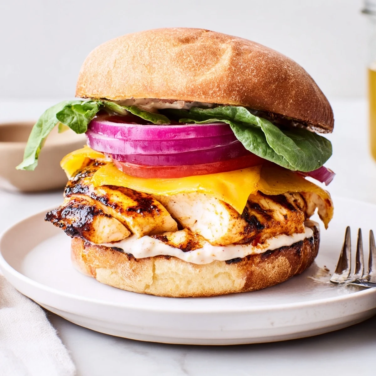 Grilled Spicy Chicken Sandwich With Creamy Sauce layered with crisp romaine, tomato
