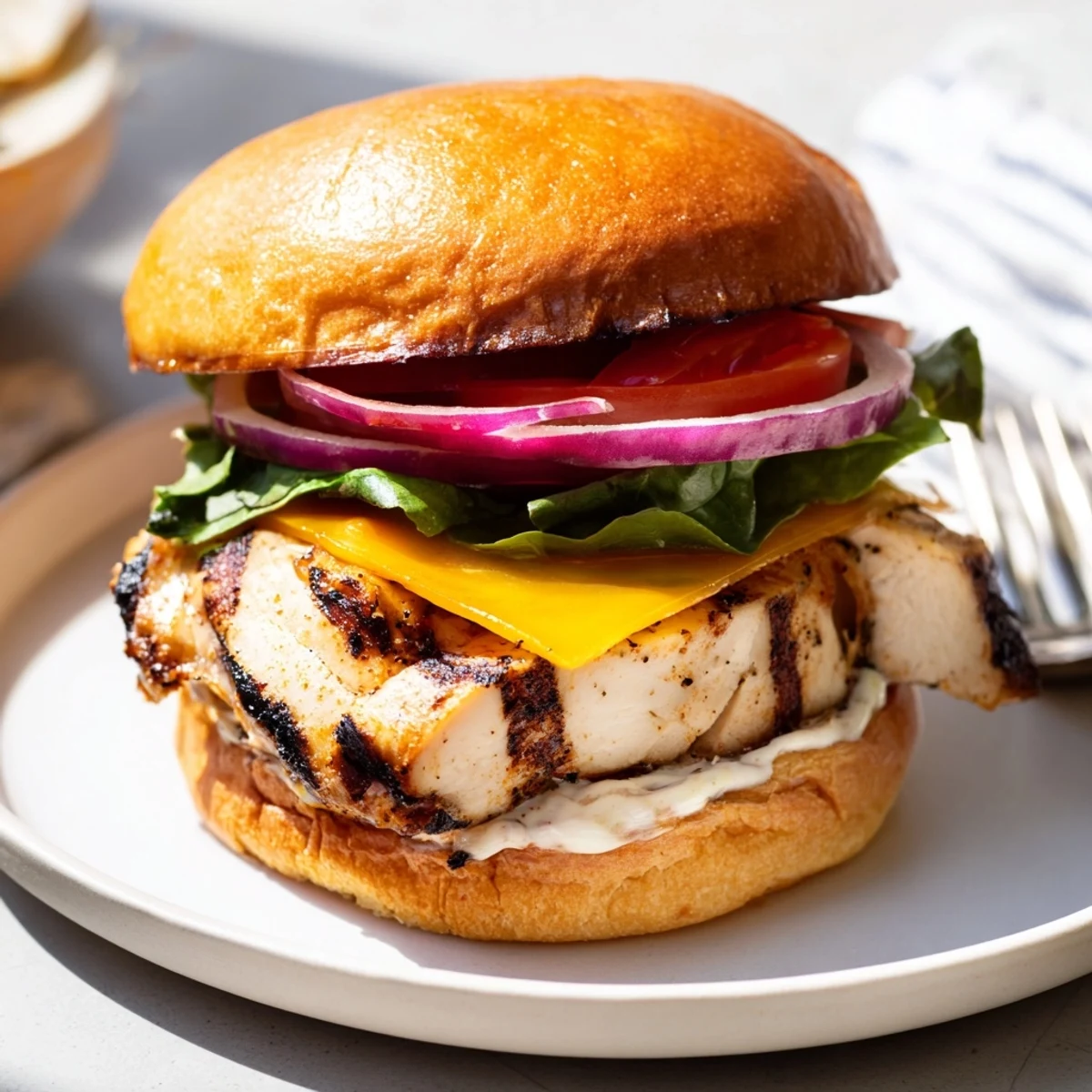 Lunch-ready Spicy Chicken Sandwich With Creamy Sauce, tangy drizzle, served warm