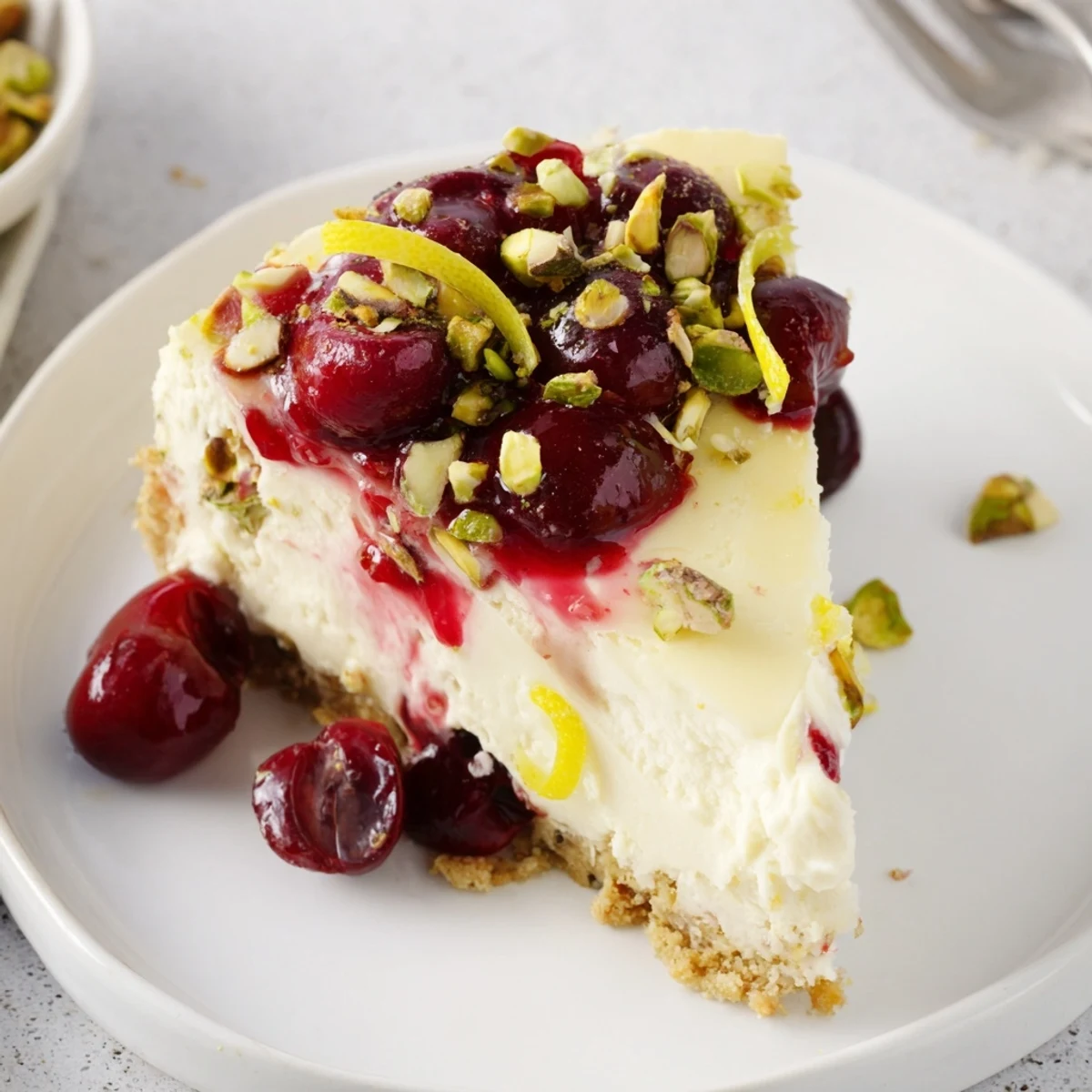 Lemon Lime Cherry Pistachio Cheesecake topped with glossy cherries and crushed pistachios  