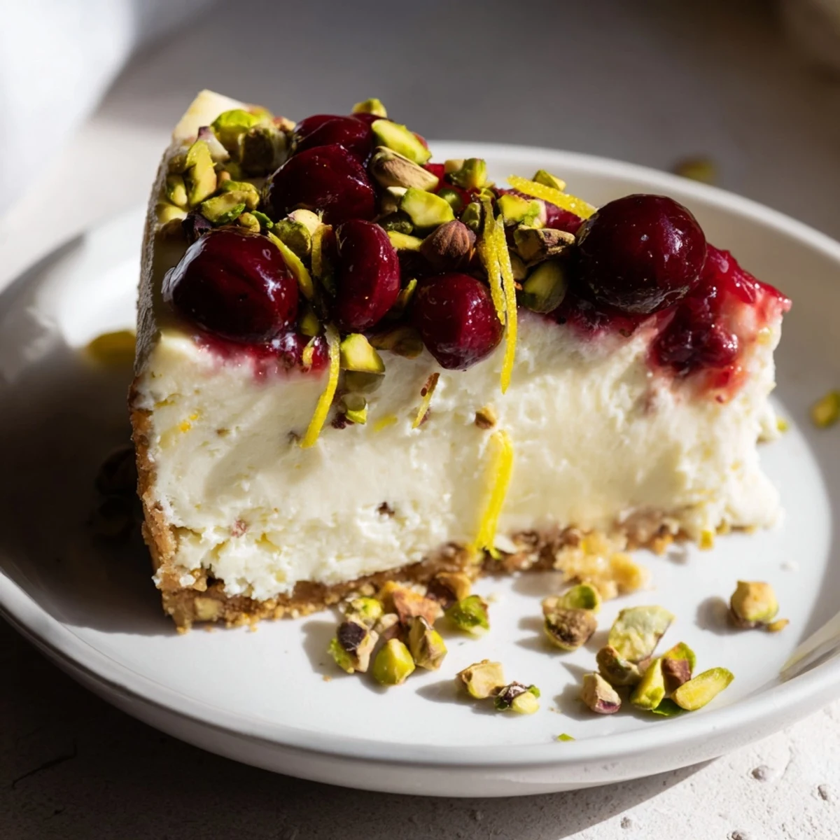 Chilled Lemon Lime Cherry Pistachio Cheesecake served with sparkling wine and fresh cherries