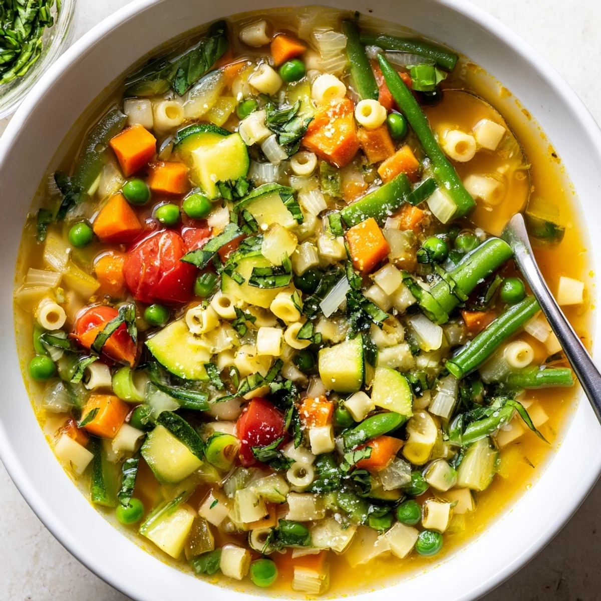 Comforting ladle of Spring Minestrone Soup Recipe with tender pasta, basil  