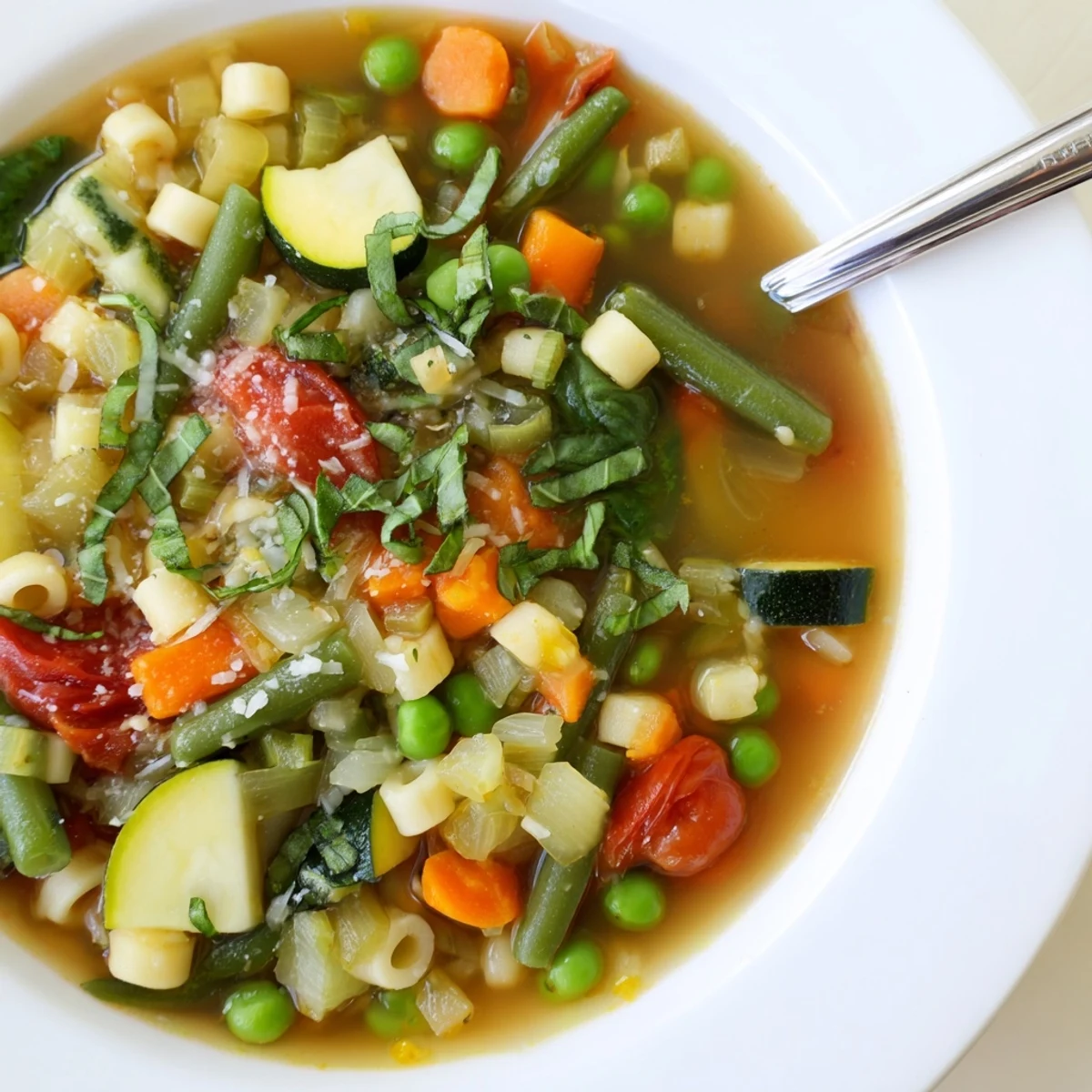 Spring Minestrone Soup Recipe steaming in bowl with bright cherry tomatoes  