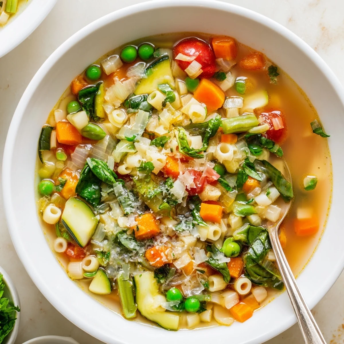 Bowl of vegetables, peas and spinach finished with herbs — Spring Minestrone Soup Recipe