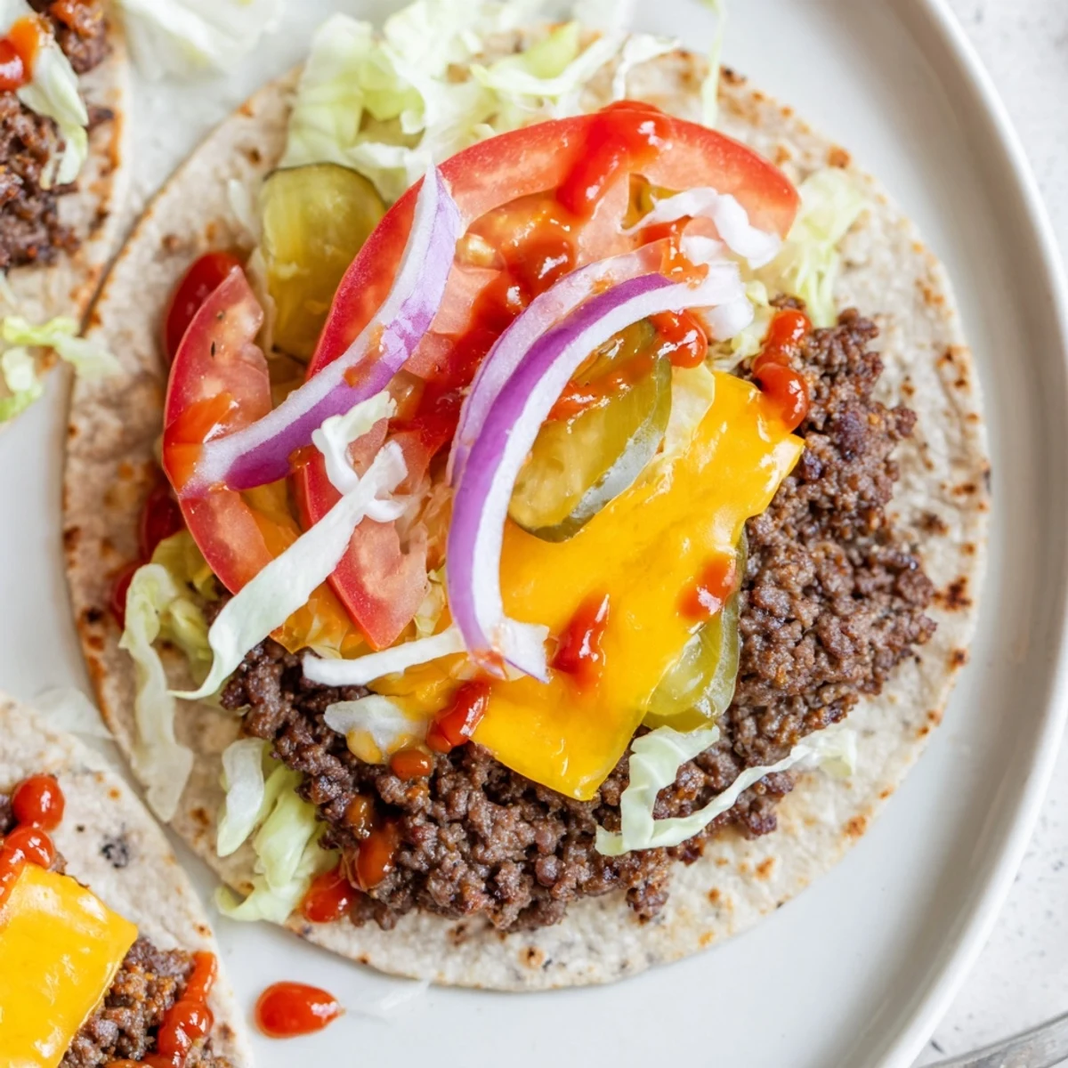 Homestyle Smash Burger Tacos Recipe plated with butter-toasted tortillas and pickles.