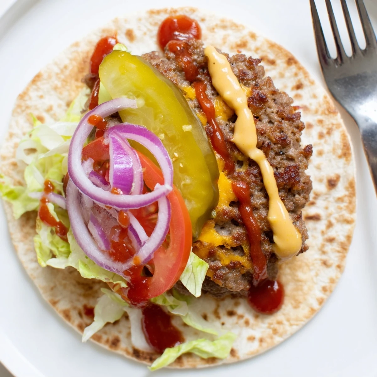 Weeknight Smash Burger Tacos Recipe close-up showing juicy smashed patties and sauce.