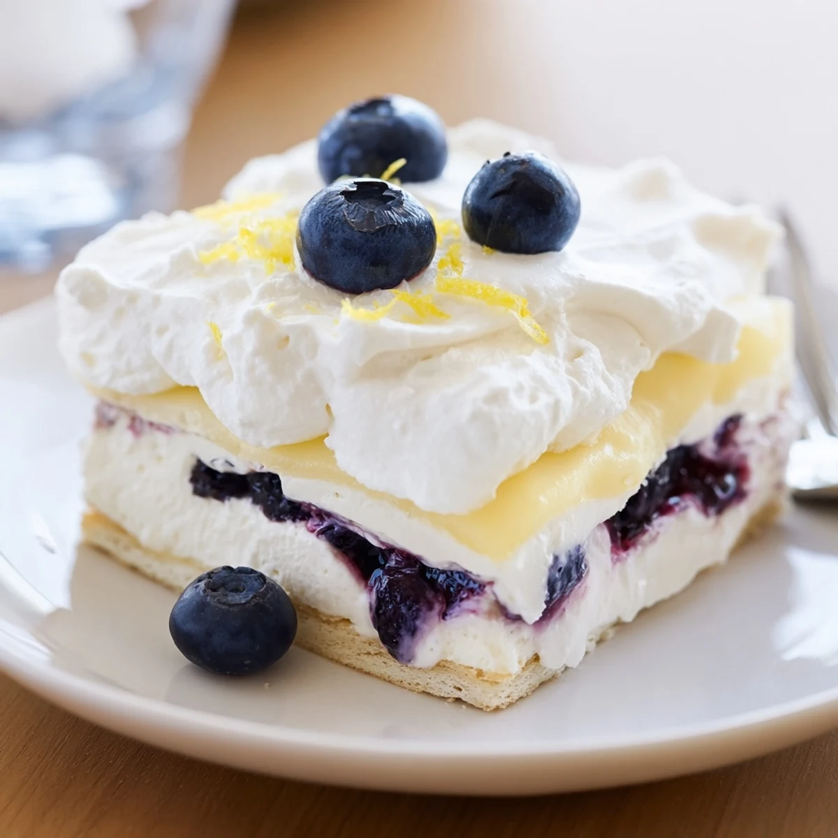 Lemon Blueberry Lasagna Recipe with creamy layers, juicy berries, and zesty lemon