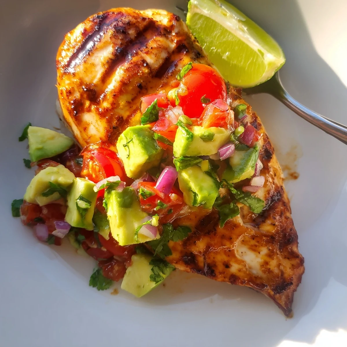 Plated Fiesta Lime Chicken With Avocado beside fresh green salad and lime wedge.