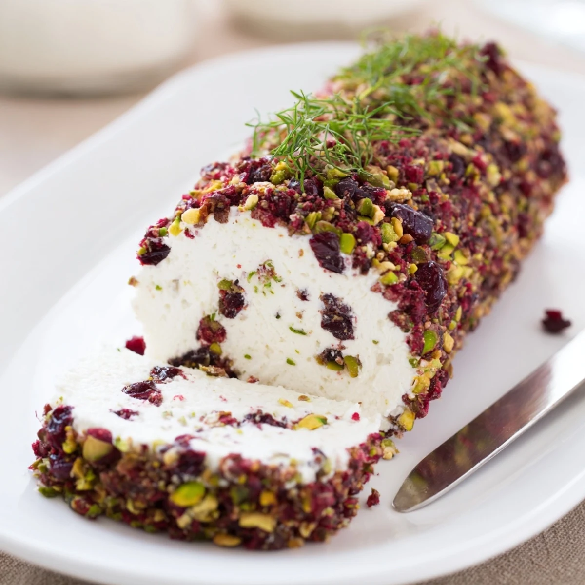 Cranberry Pistachio Cheese Log, creamy and tangy, rolled in chopped nuts