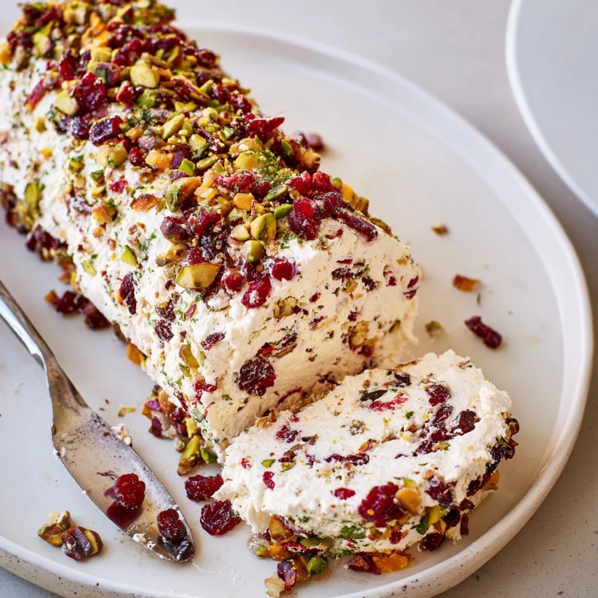 Slice of Cranberry Pistachio Cheese Log on a cracker, jewel-like cranberries visible