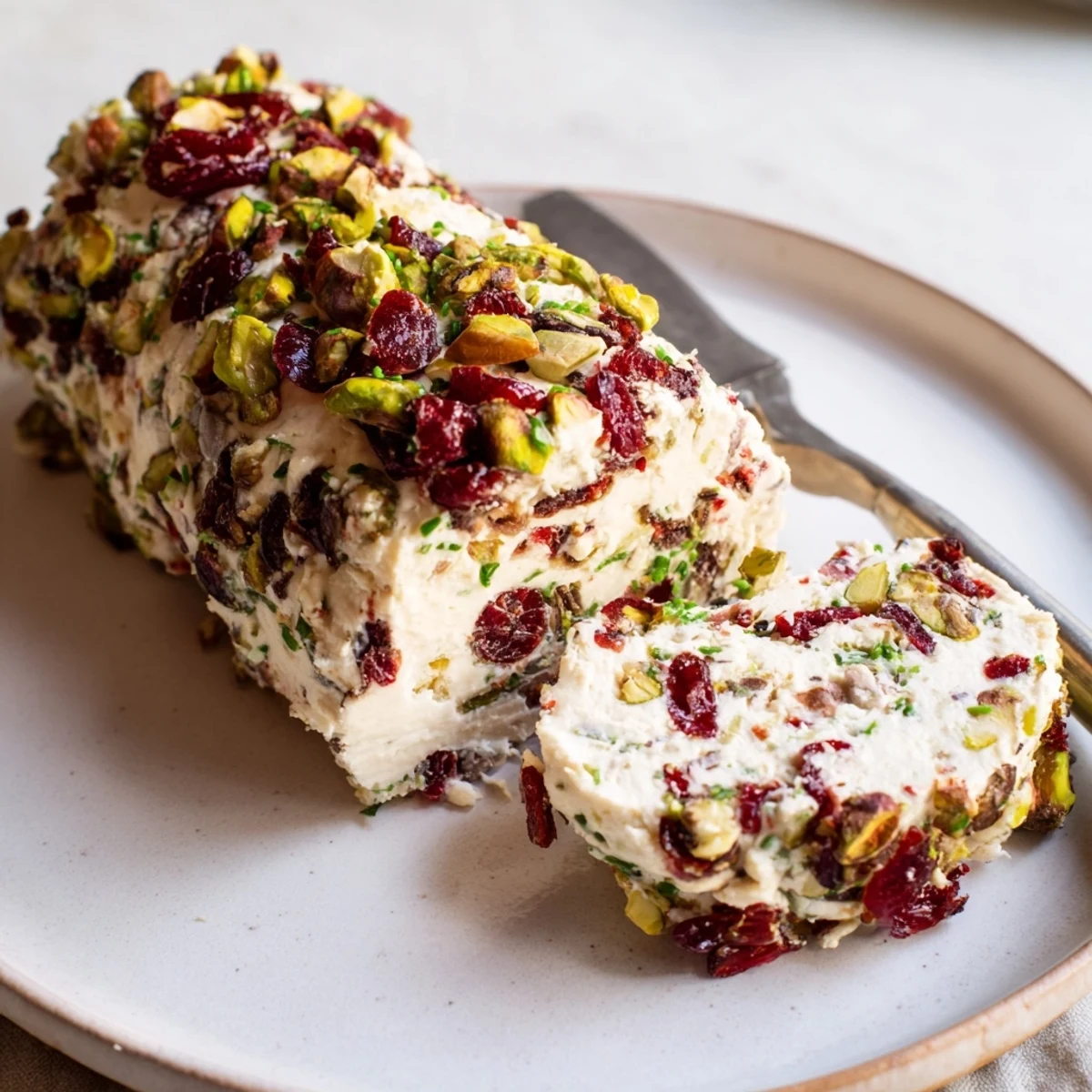 Chilled Cranberry Pistachio Cheese Log glistening with cranberries, served with baguette slices