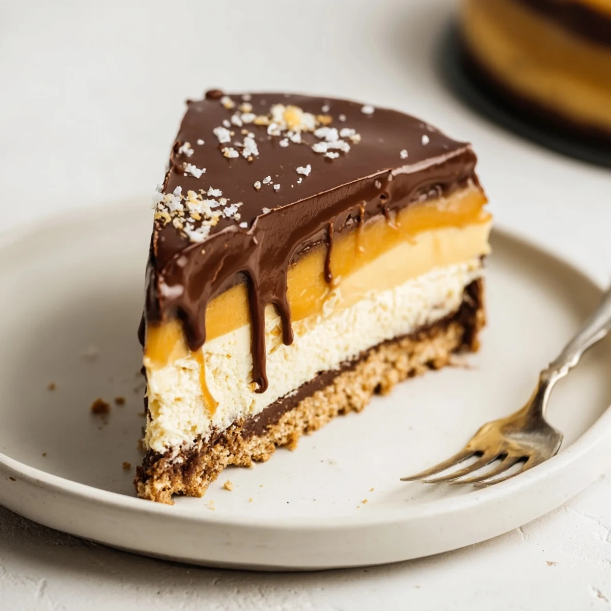 Luxurious Millionaire Cheesecake with glossy chocolate ganache, silky caramel, crumbly base.