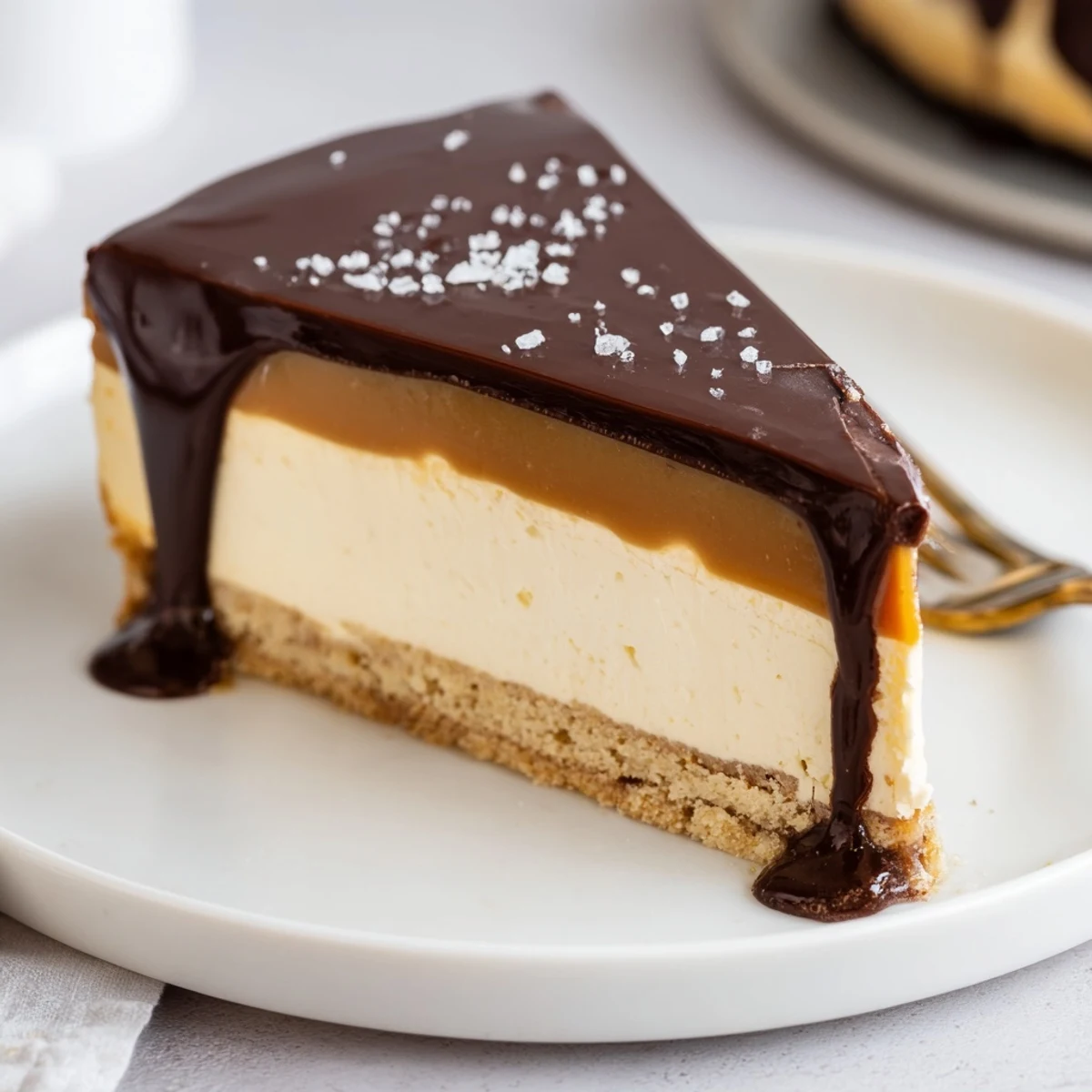 Slice of Luxurious Millionaire Cheesecake on plate, creamy layers and sea salt flakes.