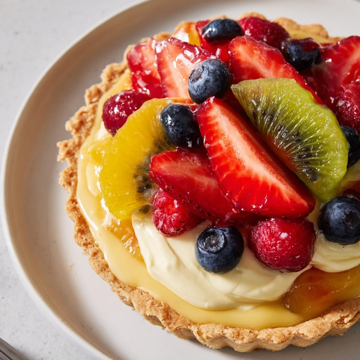 Fruit Tart With Mascarpone glistening with apricot glaze, vibrant sliced berries.
