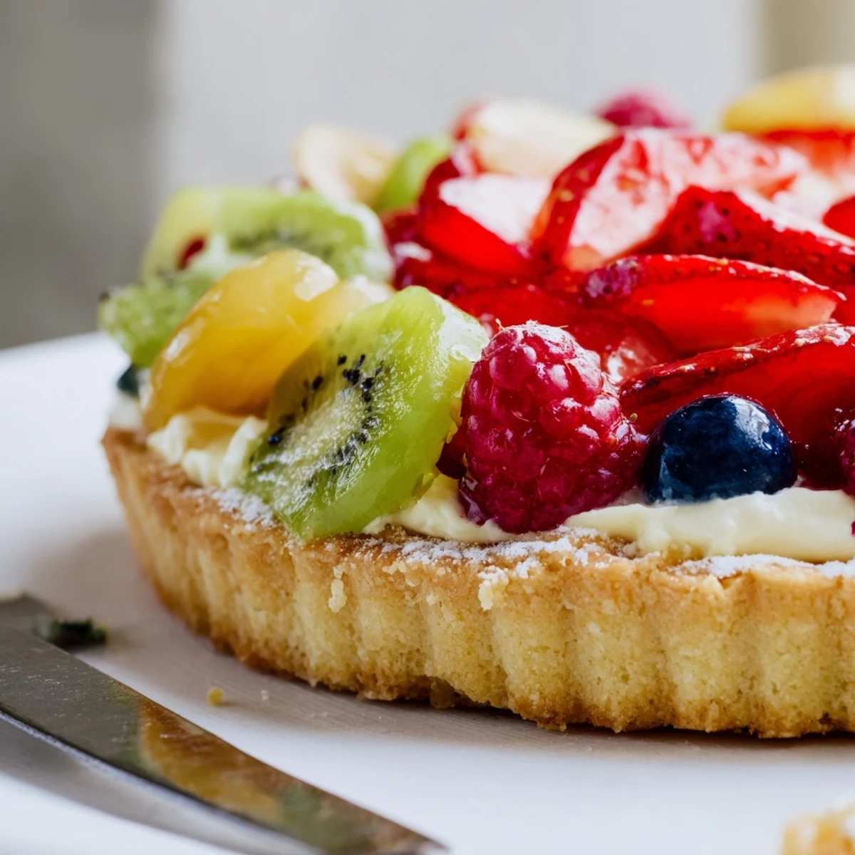 A chilled Fruit Tart With Mascarpone topped with kiwi, strawberries, and raspberries.